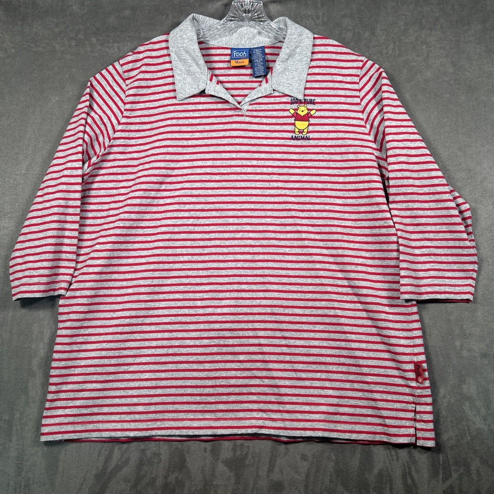 VTG Disney Winnie The Pooh 3/4 Sleeve Striped Polo Shirt Top Red Gray 22W/24W XL